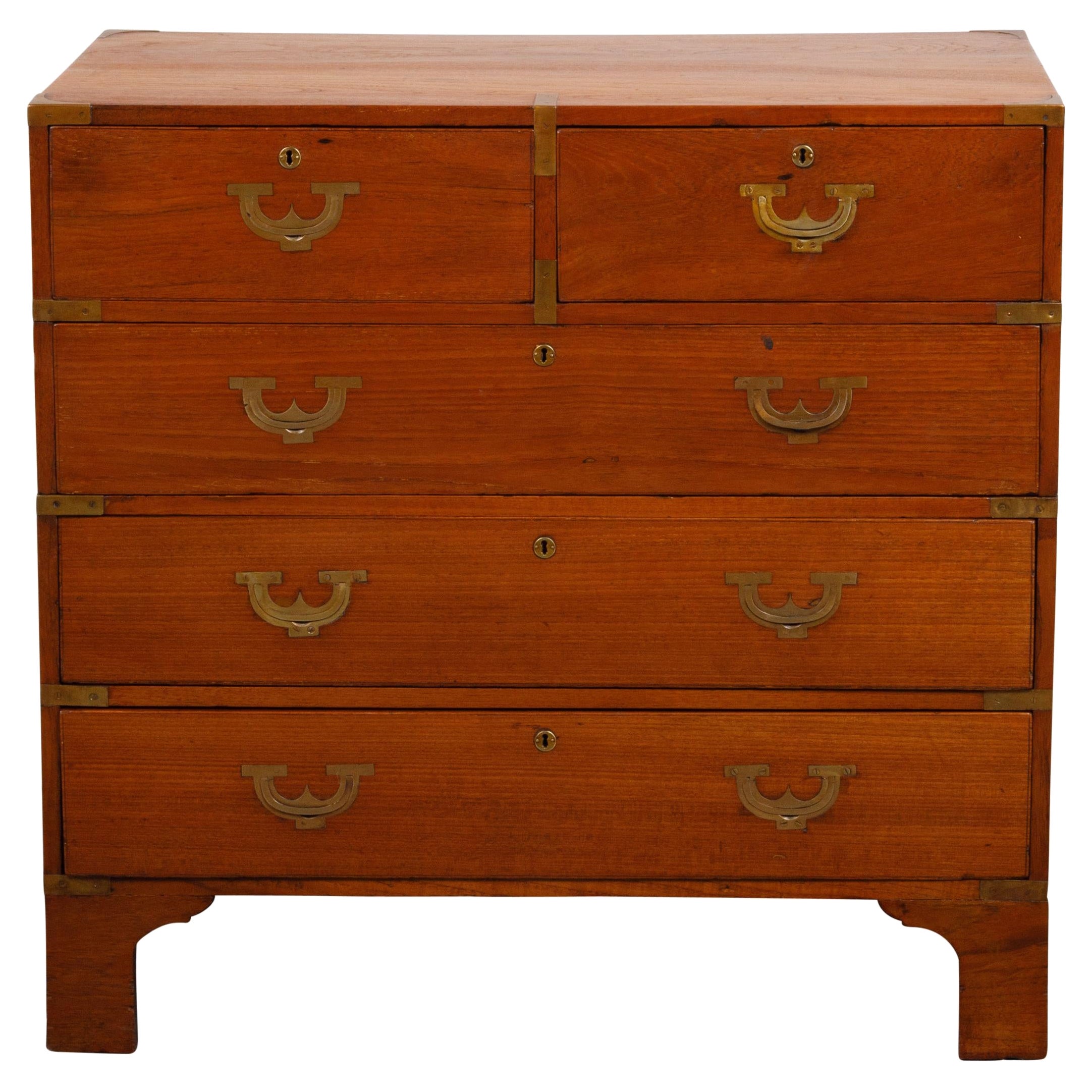 English 19th Century Teak Campaign Chest with Five Drawers and Brass Hardware For Sale