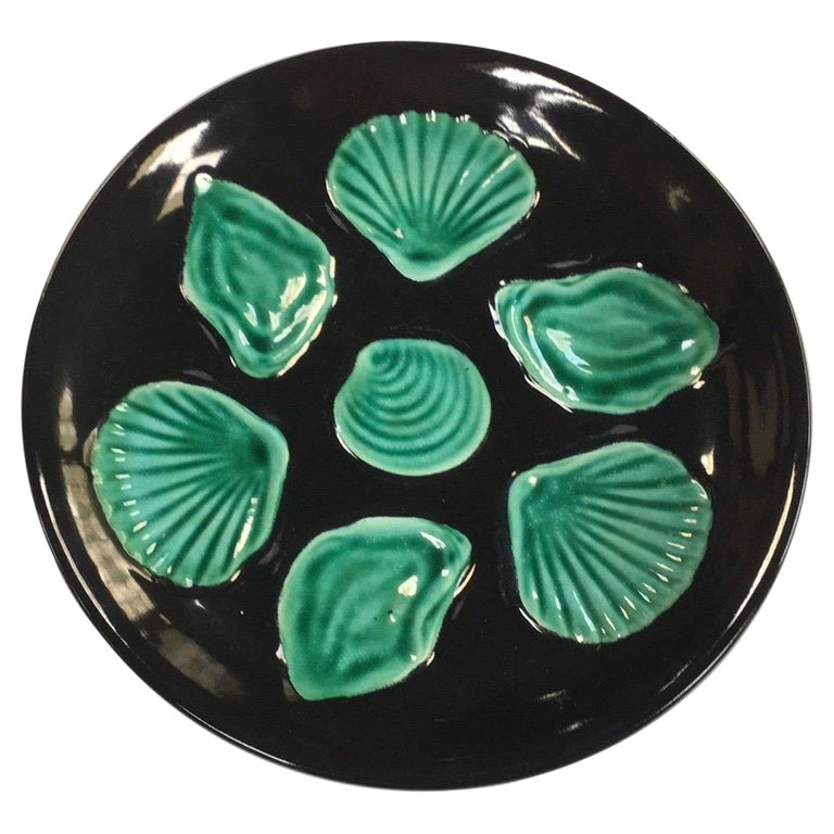 Mid-Century French Black & Green Majolica Oyster, circa 1950 For Sale