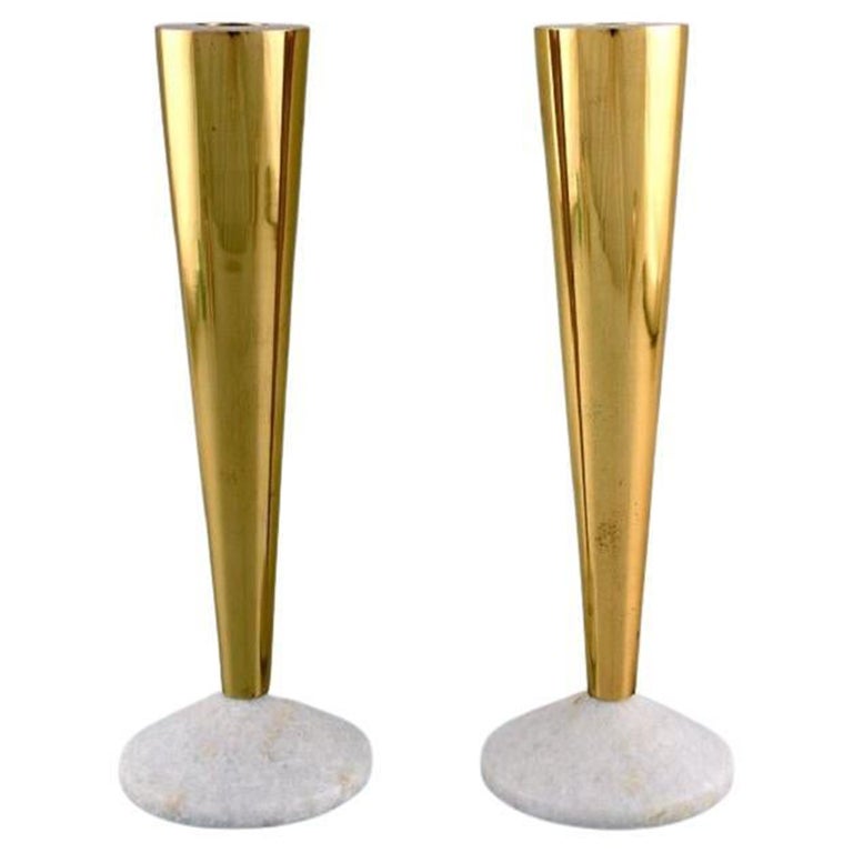 Tom Dixon, British Designer, a Pair of Candlesticks in Brass and Marble For Sale
