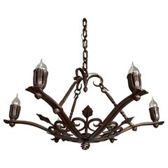 Antique Top Quality Arts & Crafts Wrought Iron Chandelier or Ceiling Lamp w. Beech Leafs