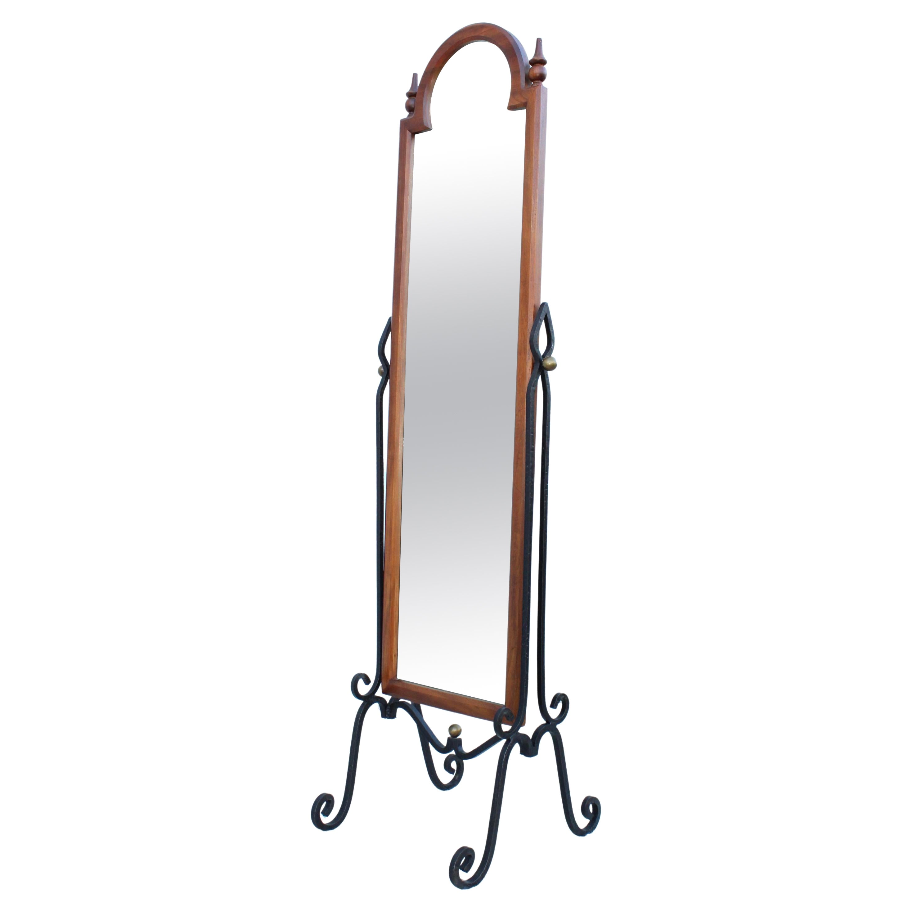 1960's Fruit-Wood and Scrolled Iron Cheval Mirror