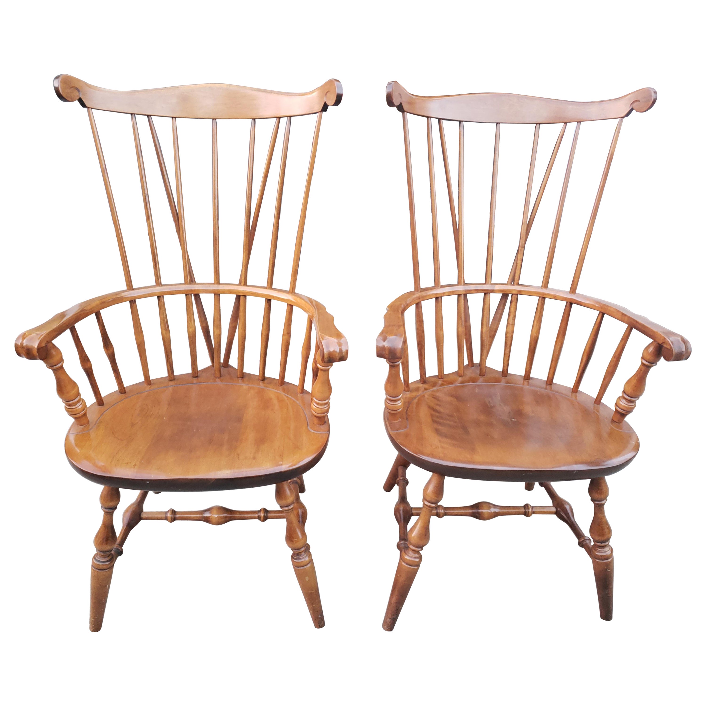 Nichols & Stone Old Pine Finish Solid Maple Windsor Brace Back Arm Chairs, Pair