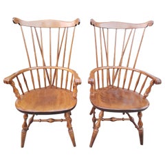 Retro Nichols & Stone Old Pine Finish Solid Maple Windsor Brace Back Arm Chairs, Pair