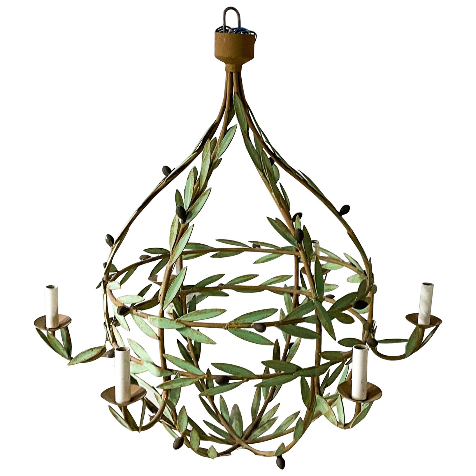 Mid-Century Monumental Italian Tole Chandelier with Leaves and Olives, 6 Arms