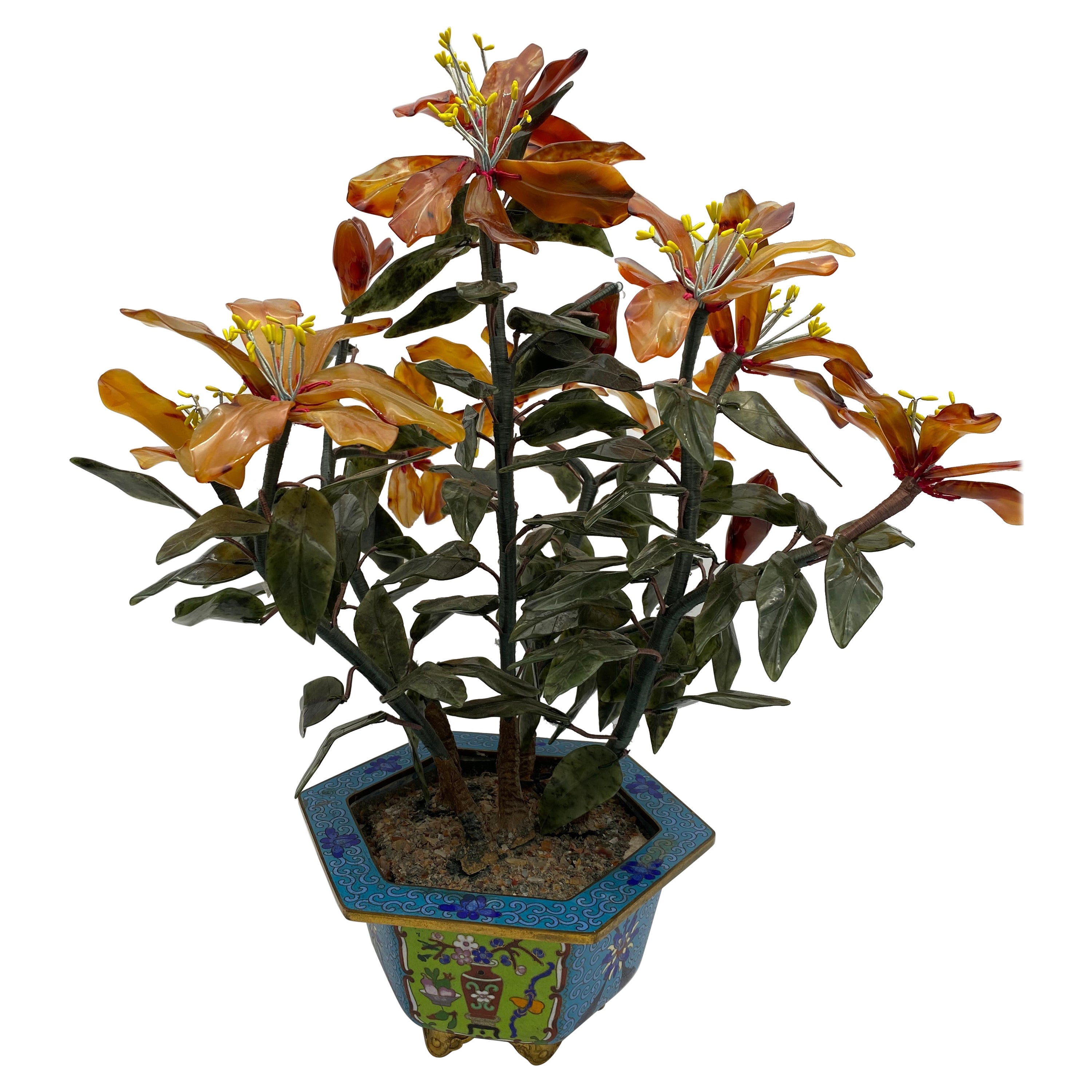 Antique Chinese Hardstone Tree in Cloisonné Pot