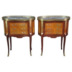 2 Antique French Louis XVI Kidney Walnut & Marble Side Tables Chests Nightstands
