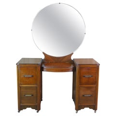 Antique Johnson Carper Walnut Art Deco Vanity Dressing Table de toilette avec miroir
