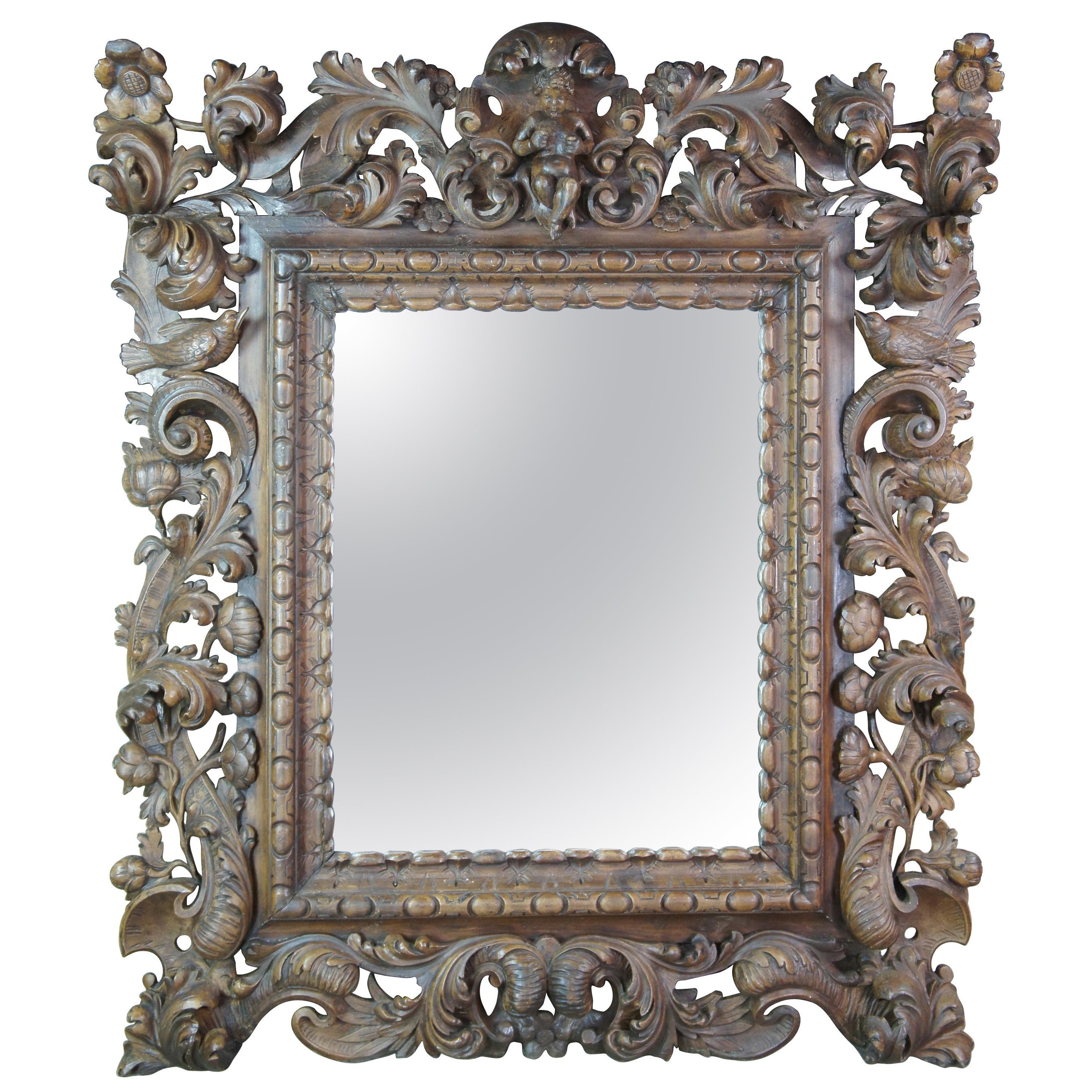 Monumental Antique Italian Baroque High Relief Carved Figural Cherub Mirror For Sale