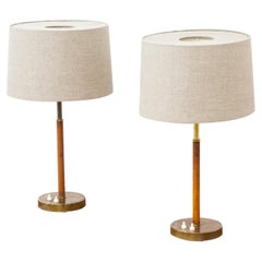 Pair of Table Lamps in Brass and Original Leather by Bertil Brisborg, NK, Sweden