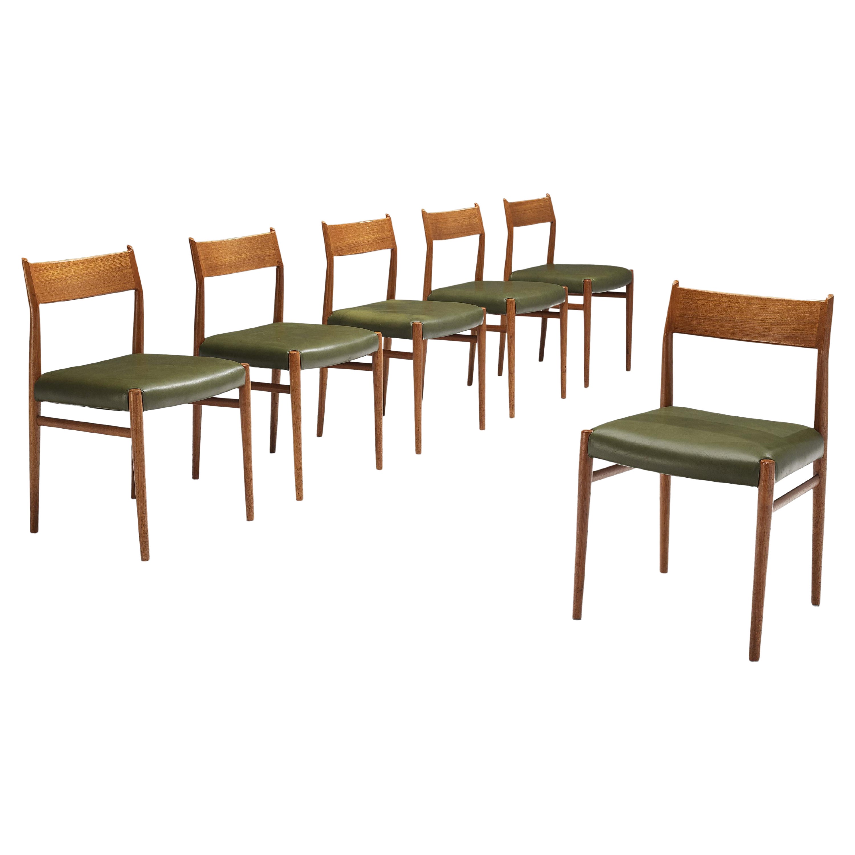 Arne Vodder for Sibast Møbler Set of Six Dining Chairs in Teak and Green Leather