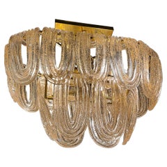 Oval Brass & Gold Leaf Murano Glass Mid-Century Modern Chandelier, Mazzega Style