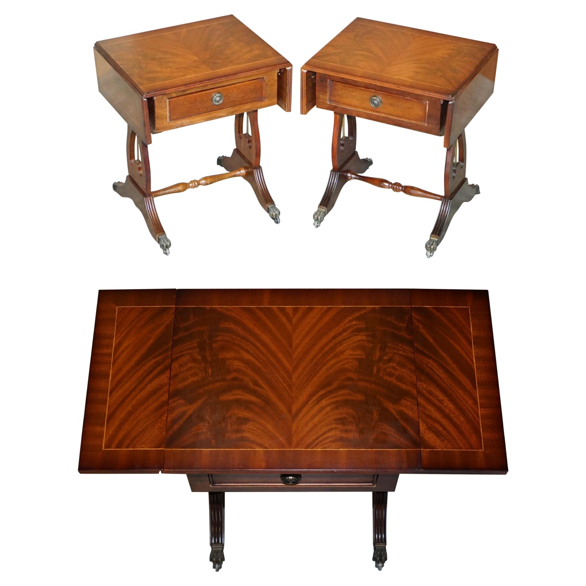 Pair of Flamed Hardwood Extending Side End Lamp Tables with Lion Paw Castors