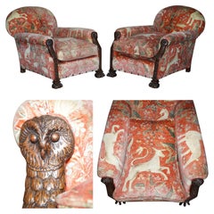 Pair of Antique Victorian Hand Carved Owl Head Country House Armchairs Must See
