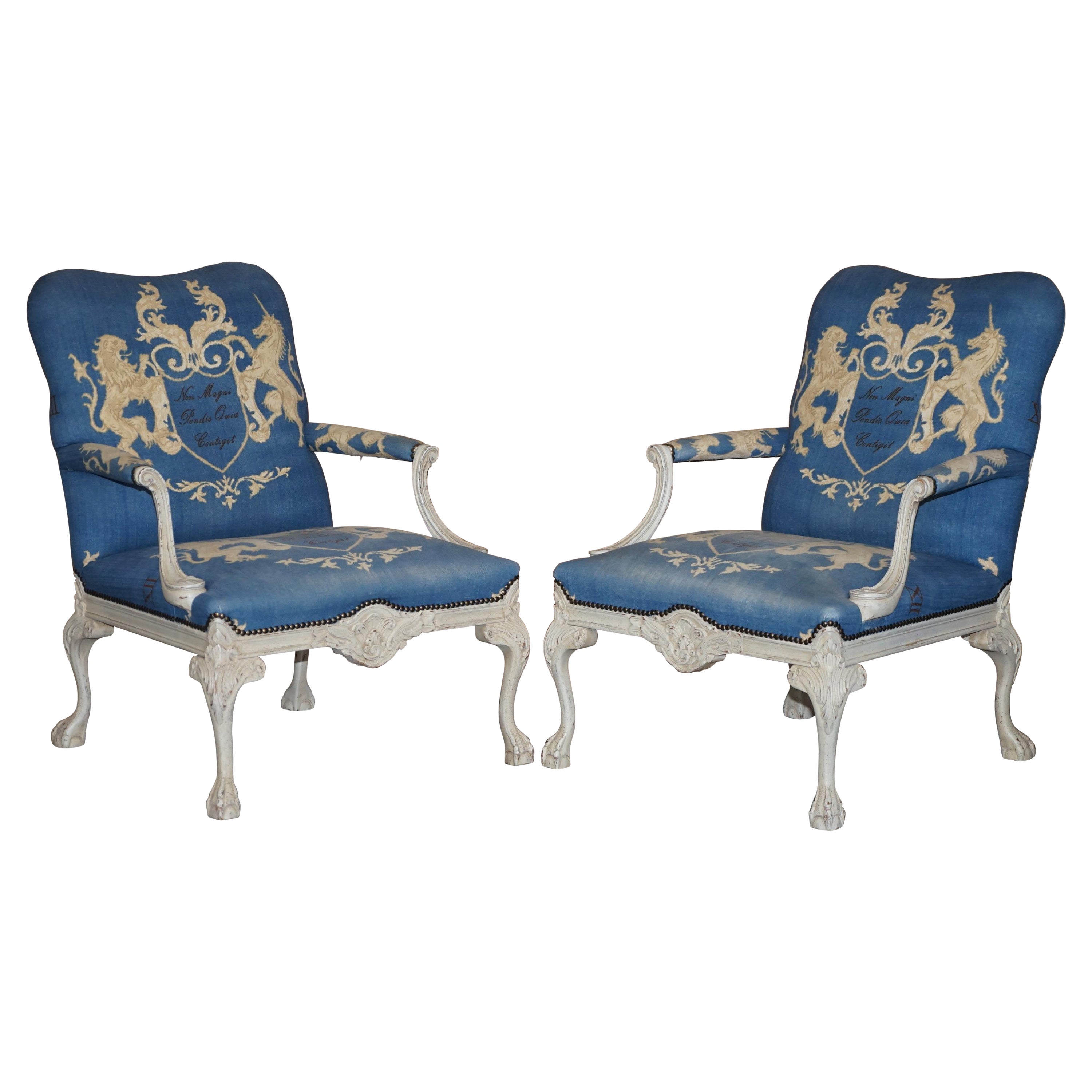 Vintage Pair of Italian Hand Painted Armchair Coat of Arms Armorial Upholstery