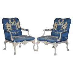 Vintage Pair of Italian Hand Painted Armchair Coat of Arms Armorial Upholstery