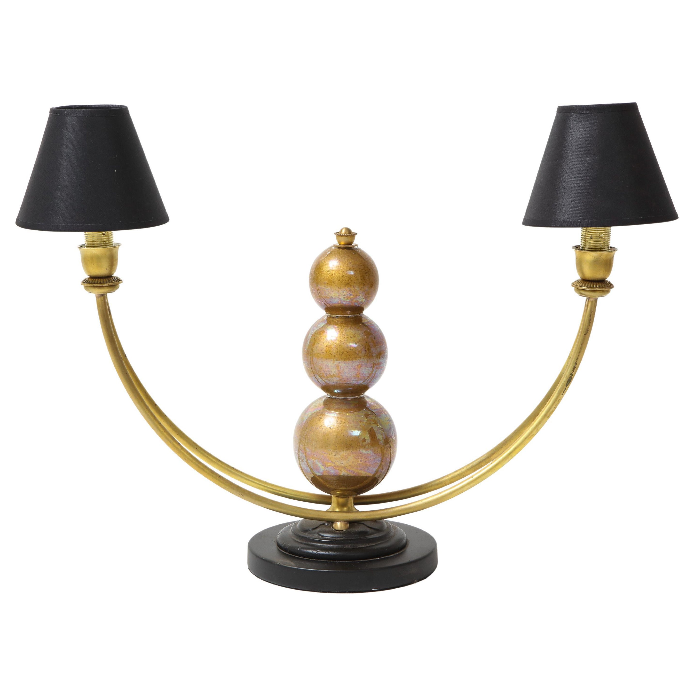 Two Arm Murano Glass Ball Lamp With Brass Arms For Sale