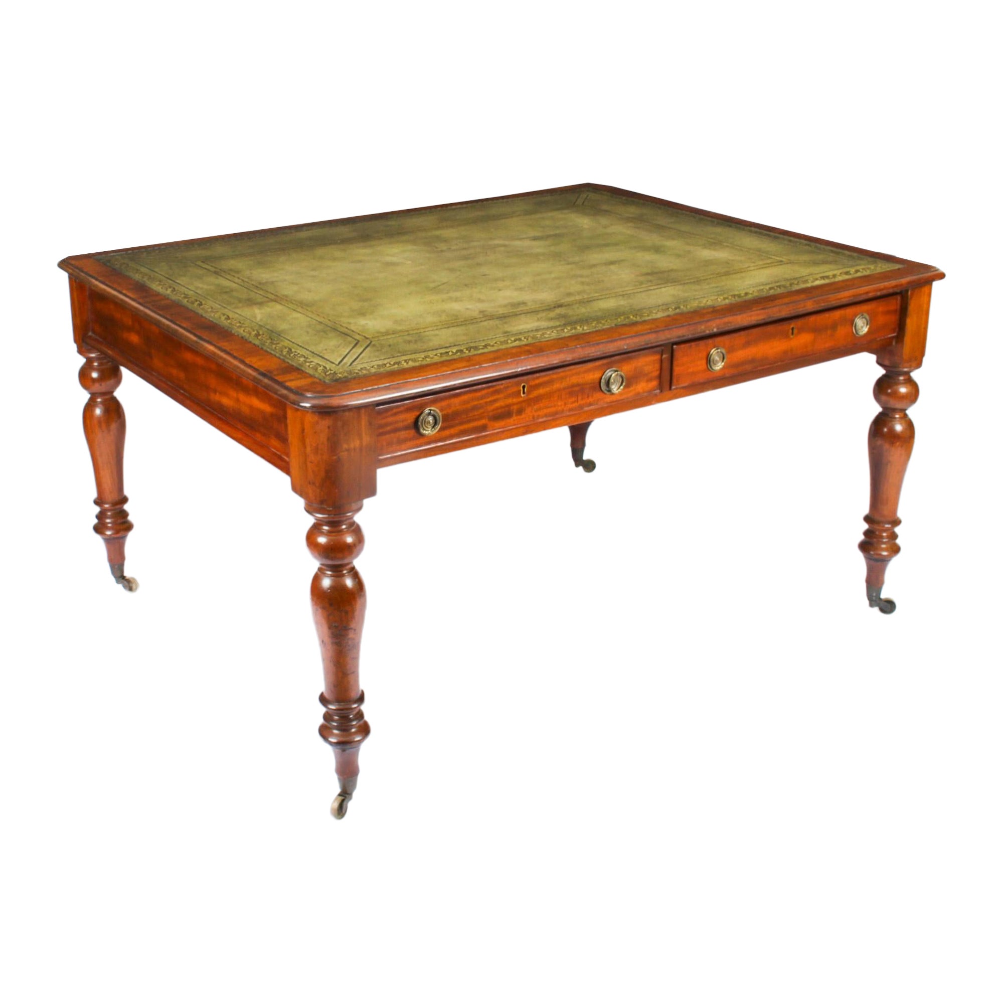 Antico tavolo da scrittura vittoriano a quattro cassetti, XIX sec.