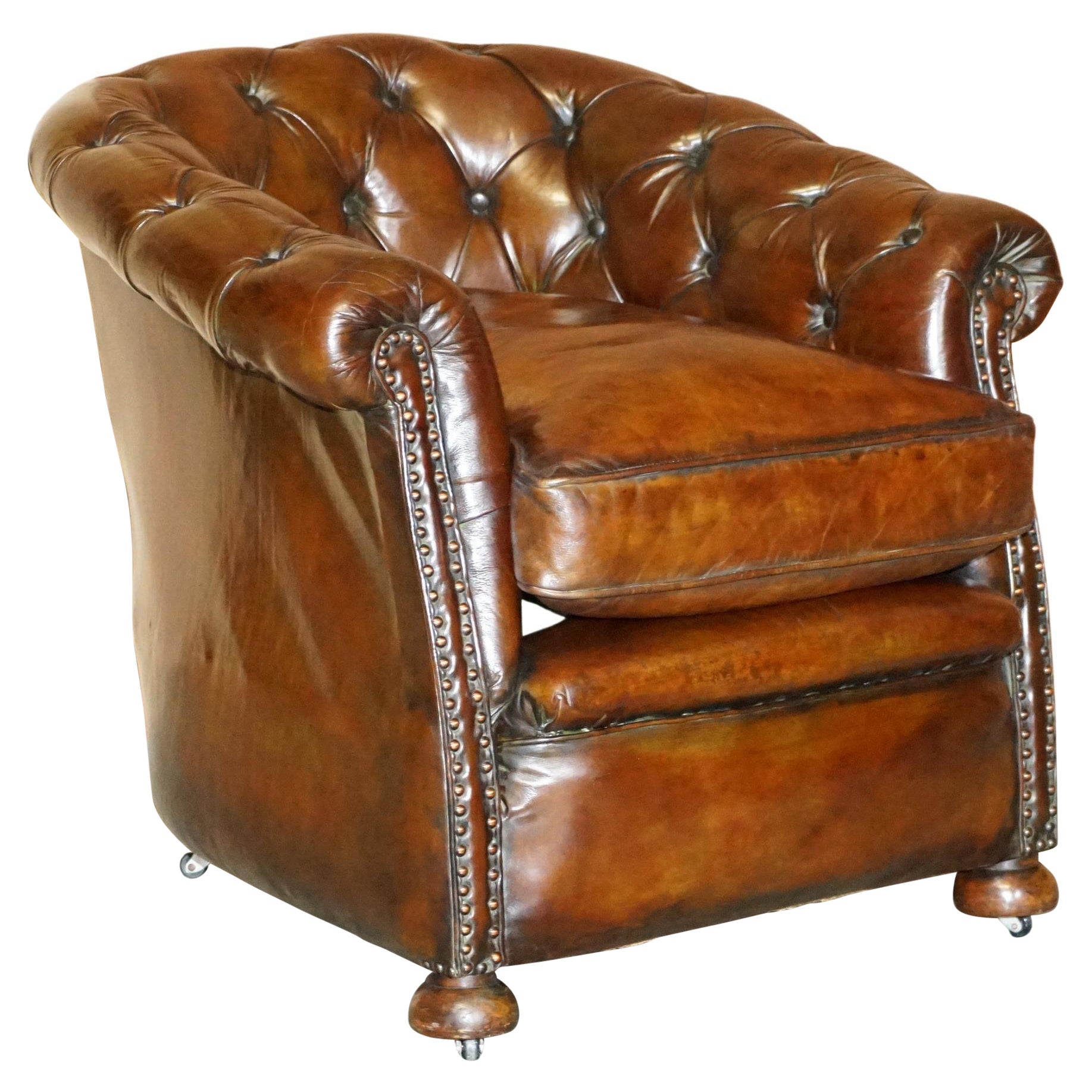 Period Victorian Fully Restored Chesterfield Club Armchair Whisky Brown Leather