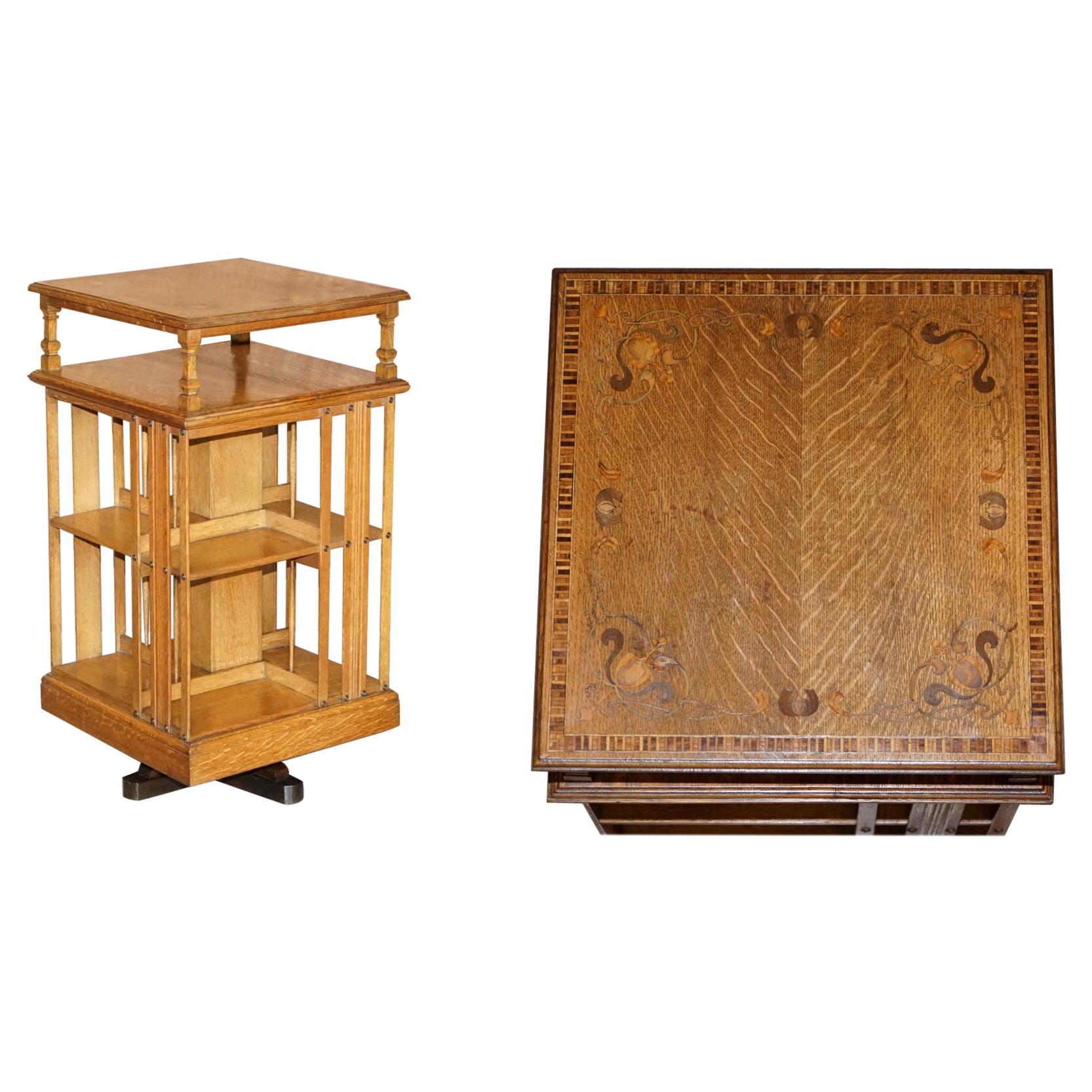 Très rare table d'appoint bibliothèque tournante Art Nouveau en chêne et échantillons de bois incrustés