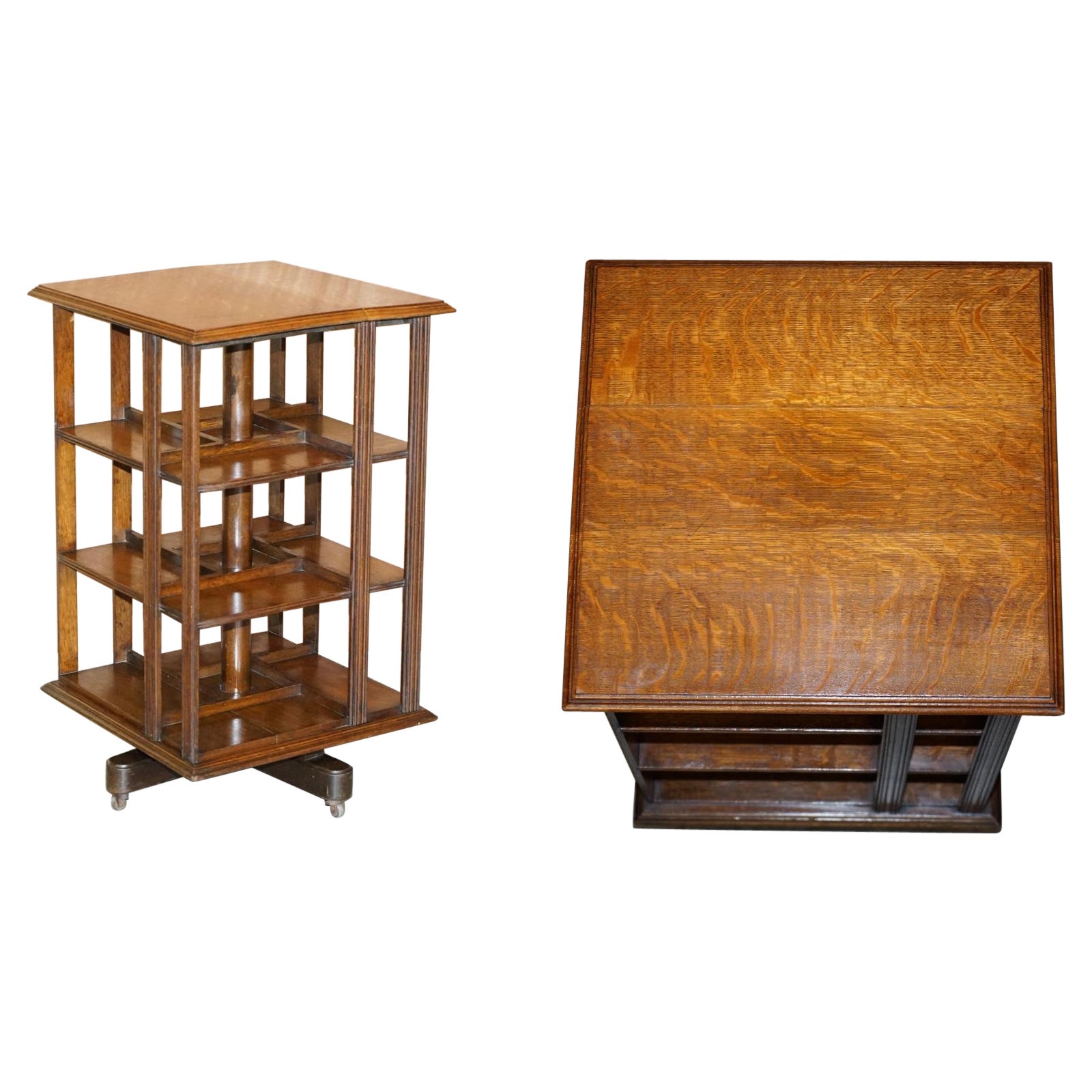 Large circa 1880 Antique Victorian English Oak Revolving Bookcase Book Table For Sale