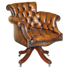 Stunning Late Victorian Restored Brown Leather Chesterfield Captains Armchair
