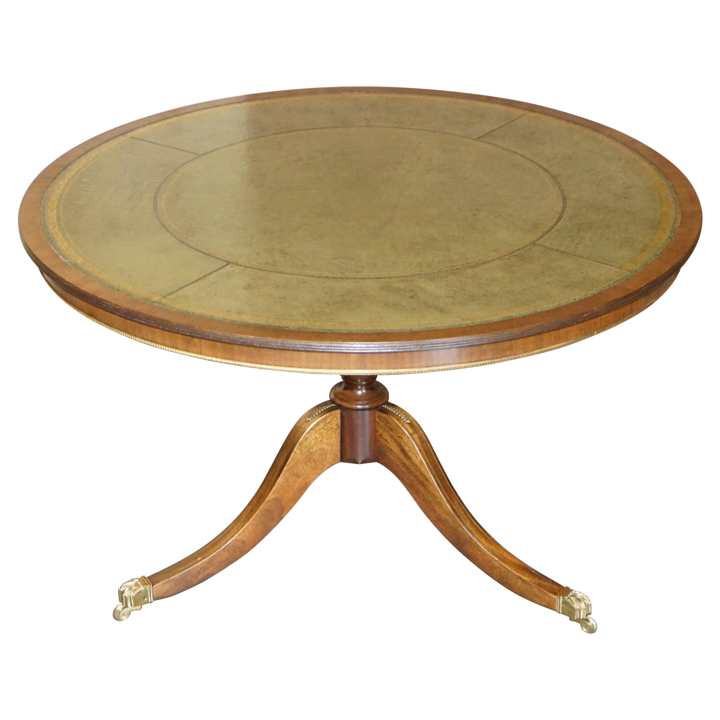 Luxury Flamed Hardwood Brass Inlaid, Leather Drum Table