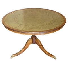 Luxury Flamed Hardwood, Brass Inlaid, Green Leather Drum Dining / Centre Table