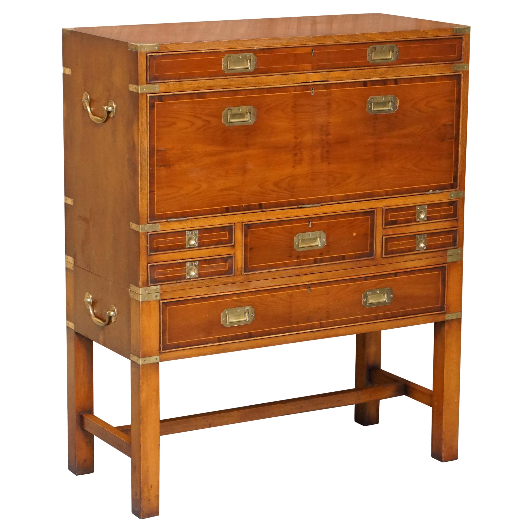 Burr Yew Wood Military Campaign Chest on Stand Bureau Desk with Chest of Drawers