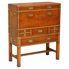 Vintage Burr Yew Wood Military Campaign Chest on Stand Bureau Desk with Chest of Drawers