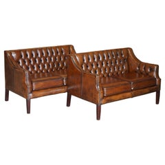 Pair of Compact Restored Whisky Brown Leather Lutyen's Viceroy Sofas