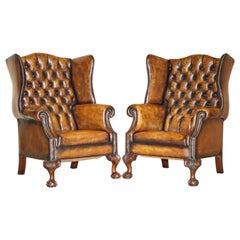 Antique Pair of Victorian Claw & Ball Chesterfield Wingback Brown Leather Armchairs