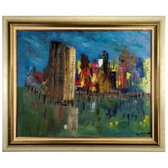 Large Oil on Canvas Painting Titled "Big Apple" by Signed French Painter E. Forq