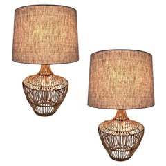 Large Split Rattan Wicker Wrapped Basket Weave Table Lamp Pair, w/ Shades