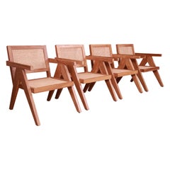 Organic Modern Teak and Cane Club Chairs in the Manner of Pierre Jeanneret