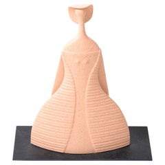 Marked Mid-Century Modern Terracotta Lady Hat Figurative Sculpture Slate Base