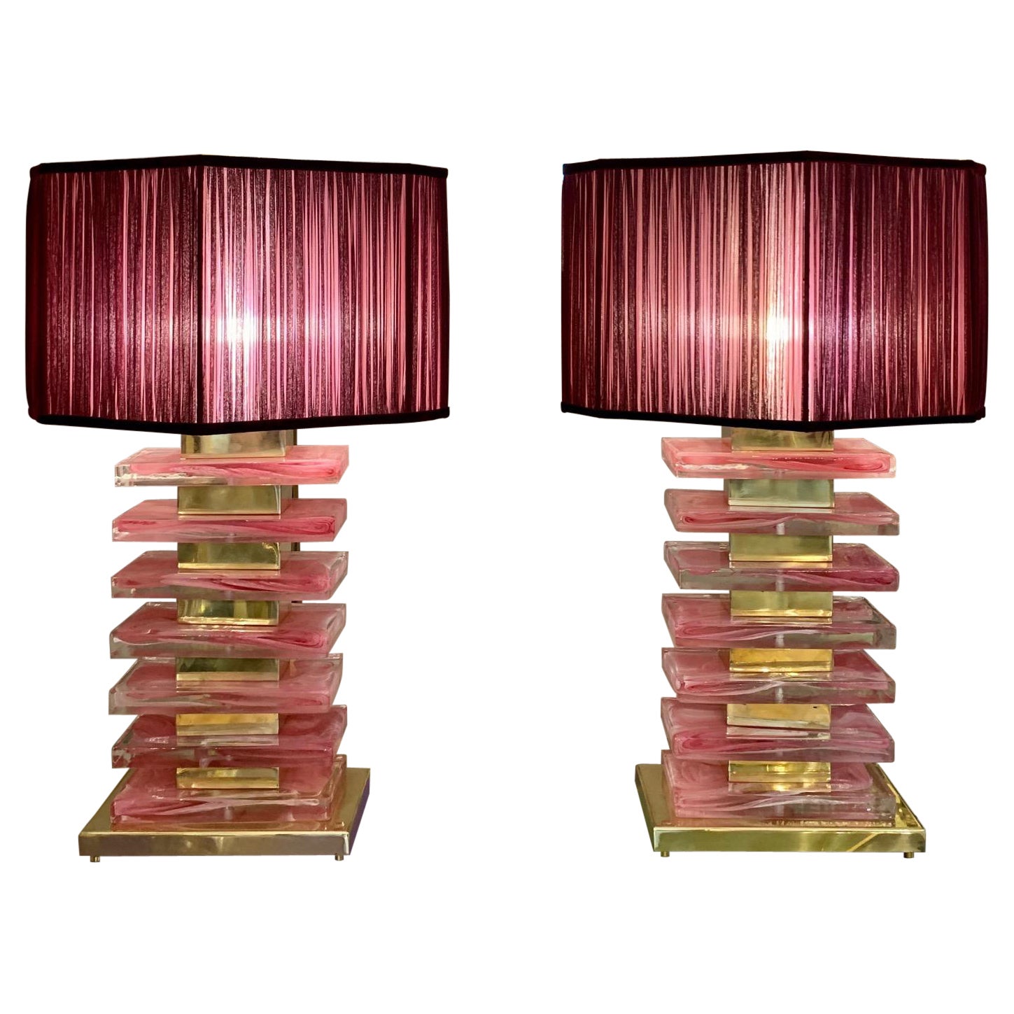 Pair of Pink Murano Glass Blocks Lamps and Our Handcrafted Lampshades, 1970s