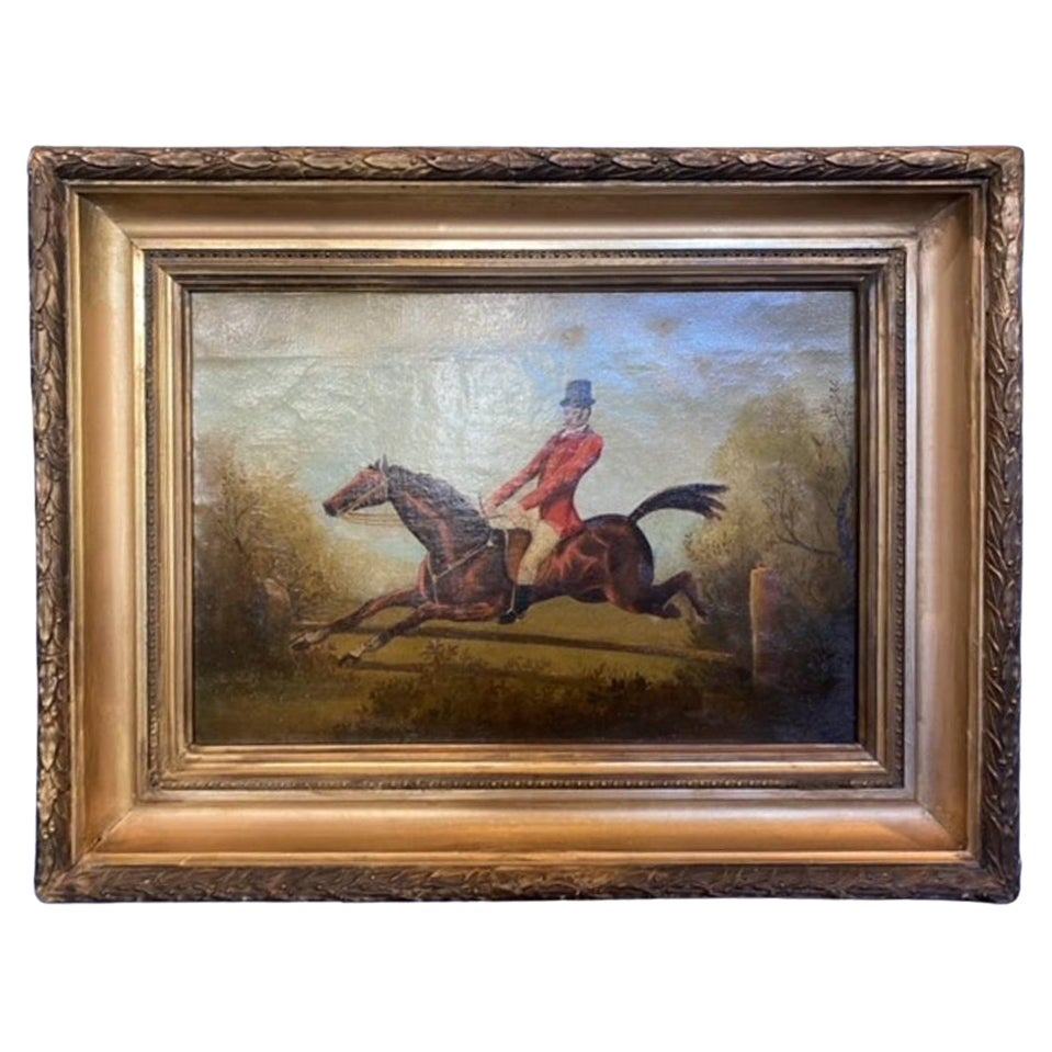 English Steeplechase Hunt Portrait Framed Oil on Canvas Painting