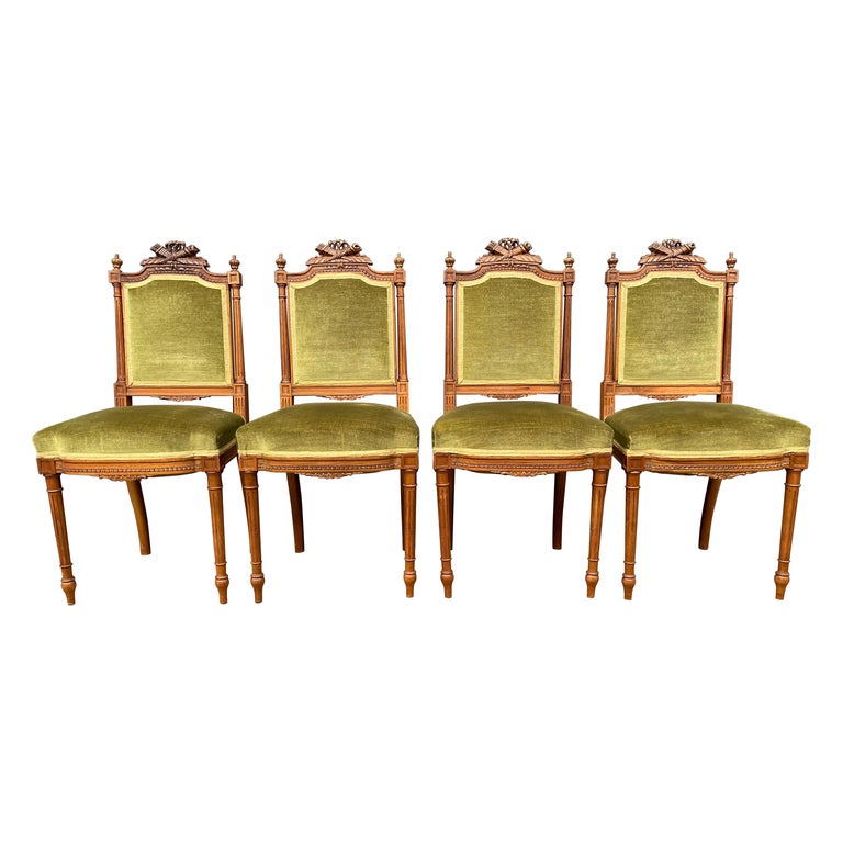 Set of Four 4 Antique Hand Carved Nutwood Dining Chairs with Green Upholstery For Sale