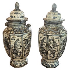 Pair of Chinese B&W Hand Painted Dragon Urns