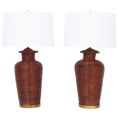 Pair of Asian Modern Wicker Table Lamps