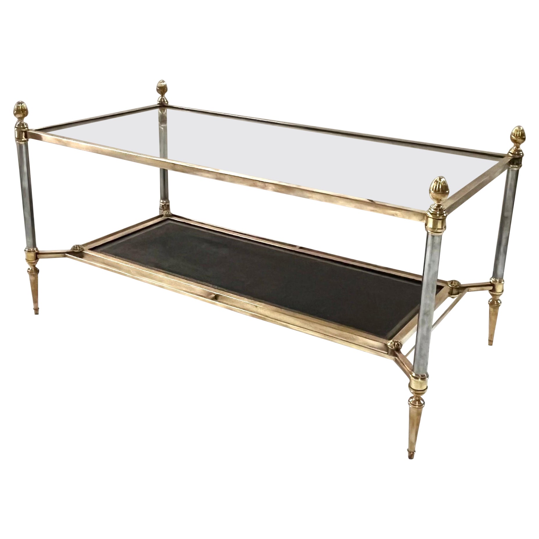 Mid-Century Double Tray Coffee Table by Maison Jansen, Bronze, Glass and Leather For Sale