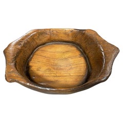 Antique Rustic Large Folk Art Handled Natural Organic Wood Carved Bowl, 1800s