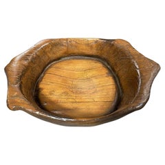 Rustic Large Folk Art Handled Natural Organic Wood Carved Bowl, 1800s