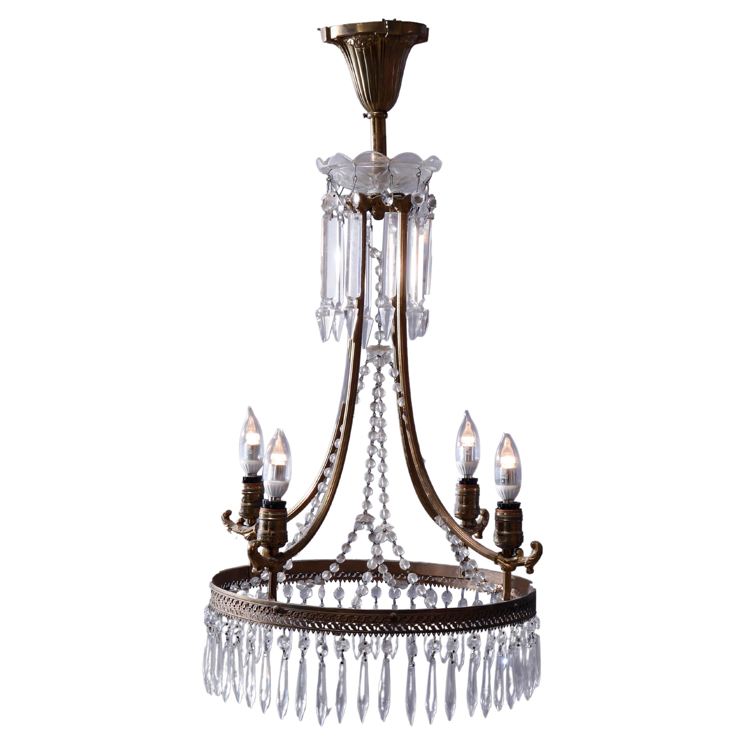 Antique French Style Bronzed Four-Light Chandelier with Draped Crystals, c1920