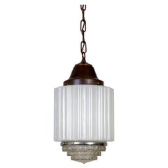 Scalloped Milk Glass Deco Pendant Light W/ Unusual Pressed Glass Diffuser