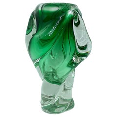 Vintage Green and Clear Sommerso Art Glass Vase Object Sculpture Murano, Italy, 1980s