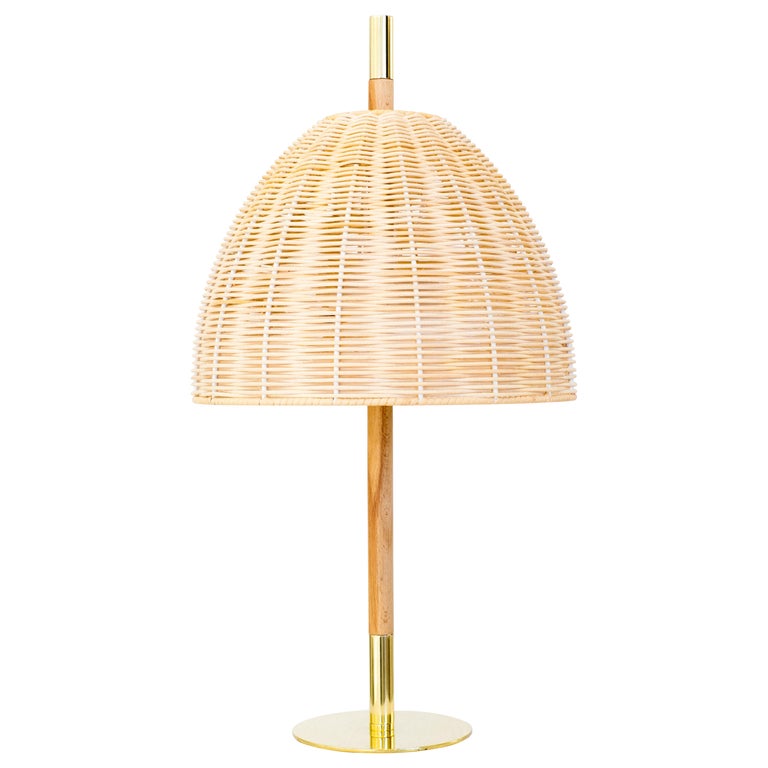 Contemporary, Handmade Table Lamp, Natural Rattan Brass, Mediterranean Objects For Sale