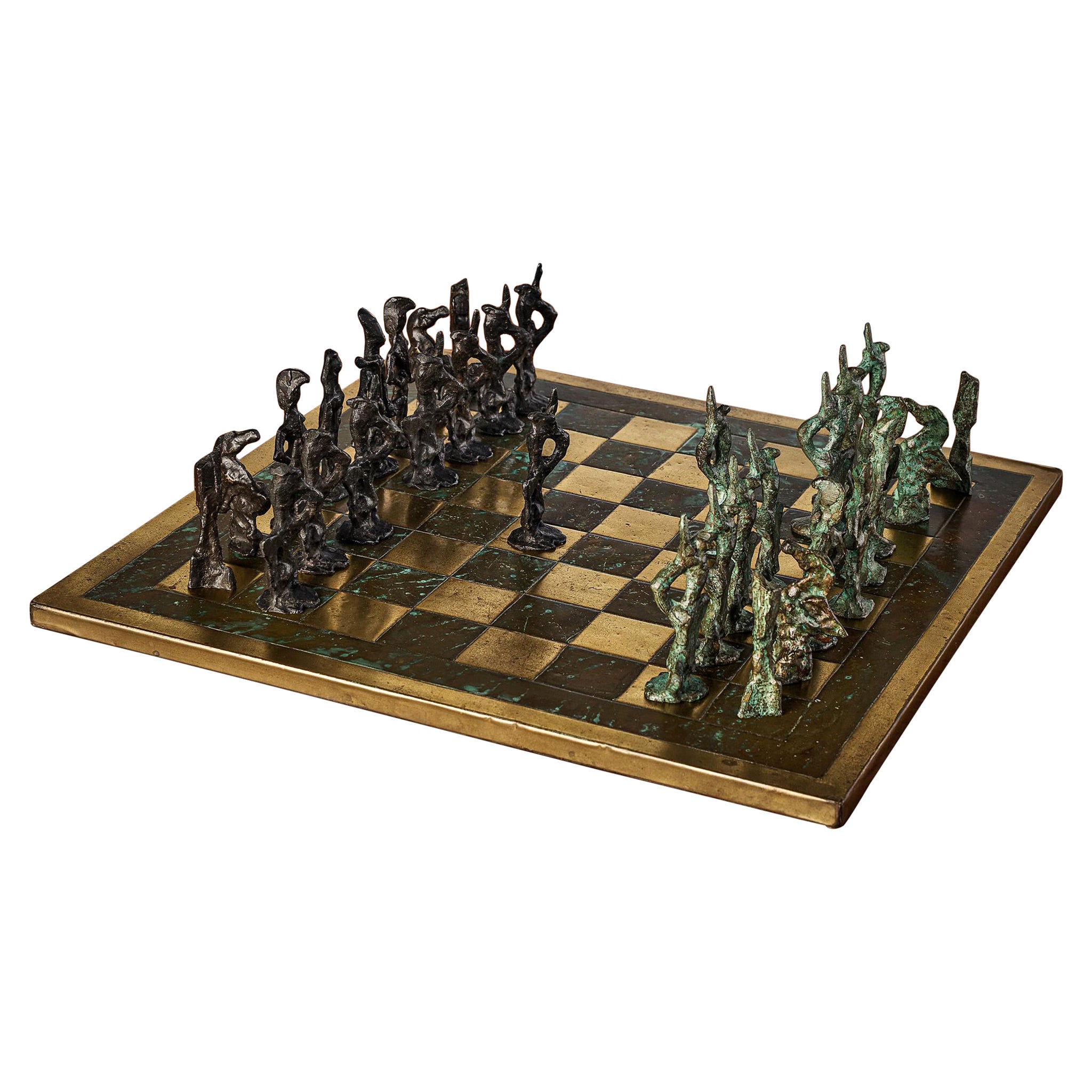 Ensemble d'échecs italiens sculpturaux dans le style d'Alberto Giacometti