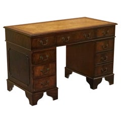 Vintage Lovely Hardwood Pedestal Desk with Brown Embossed Leather Top