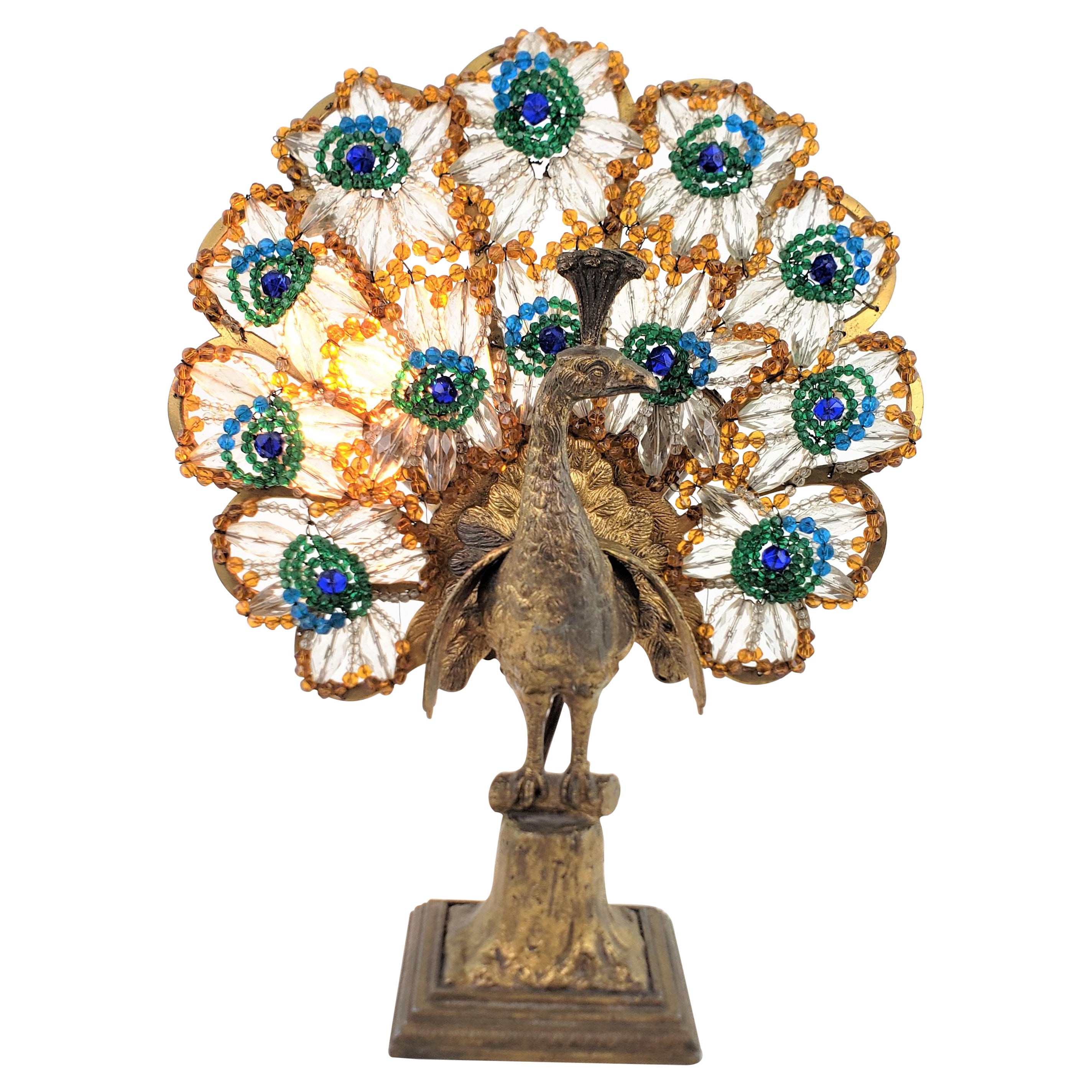 Art Deco Czech Cast Metal and Beaded Glass Figural Peacock Table or Accent Lamp